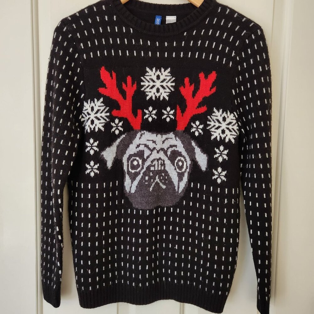 Pug Reindeer Dog Christmas Sweater Cute Ugly Holiday Party Black Unisex Small - Picture 3 of 8